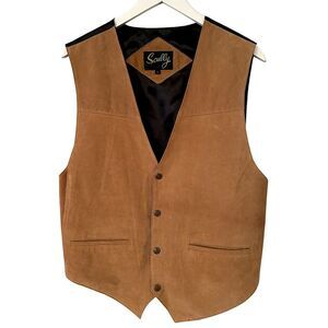 Scully Men’s Size Large Tan Genuine Leather and Black Satin Snap Button Vest